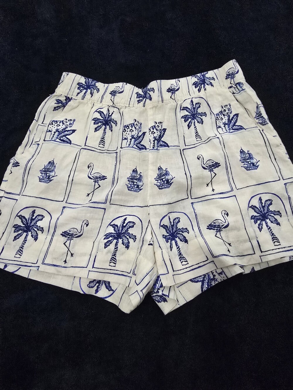 White & Blue Tropical Print Linen Shorts